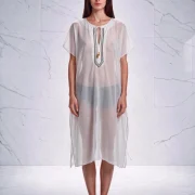 Λευκό Μεταξωτό Καφτάνι Παραλίας Silk–Cotton με Μαύρο Ζικ‑Ζακ & Ημιδιάφανο Ύφασμα