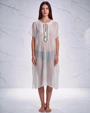 Λευκό Μεταξωτό Καφτάνι Παραλίας Silk–Cotton με Μαύρο Ζικ‑Ζακ & Ημιδιάφανο Ύφασμα