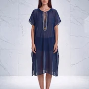 Μοναδικό Μεταξωτό Καφτάνι Παραλίας Silk–Cotton σε Μπλε με Λευκό Ζικ‑Ζακ