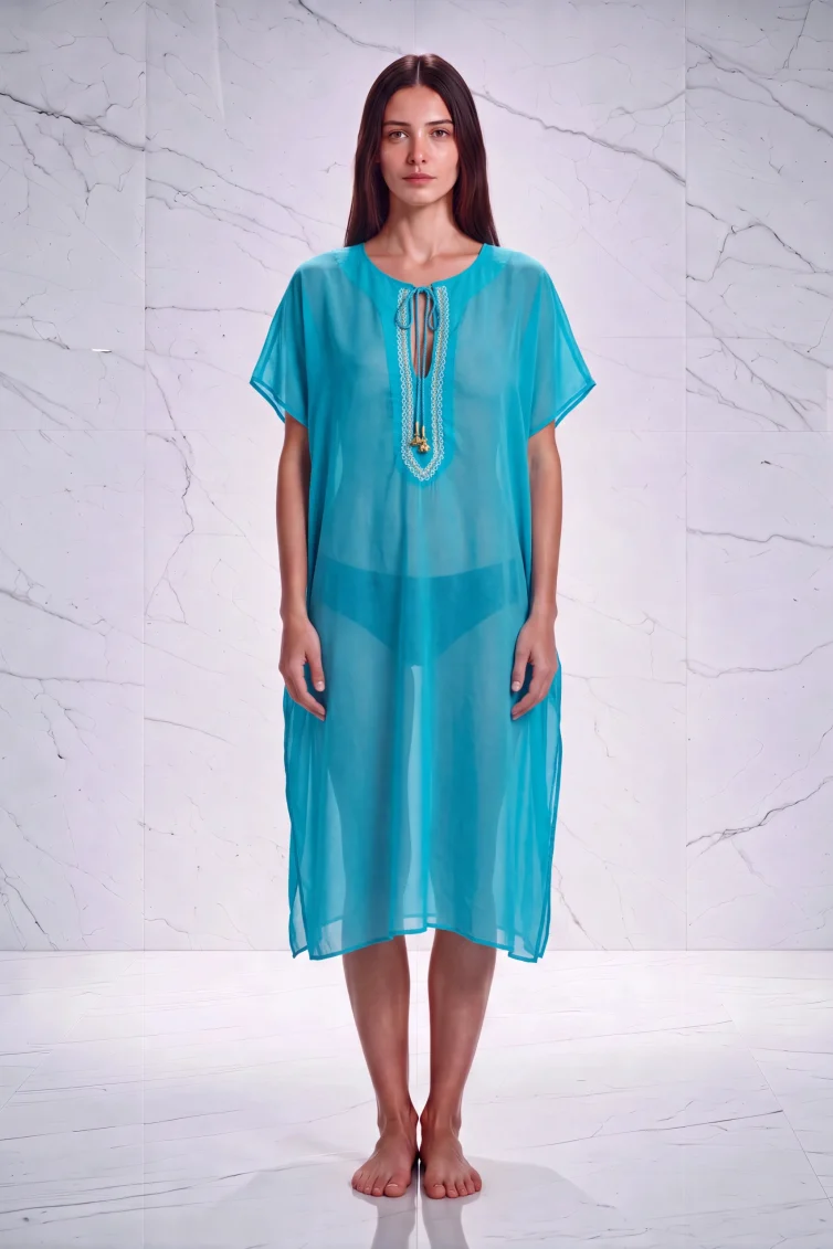 Unique Turquoise Silk–Cotton Beach Kaftan with White Zig‑Zag Trim