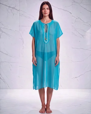 Unique Turquoise Silk–Cotton Beach Kaftan with White Zig‑Zag Trim