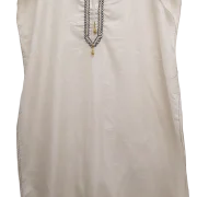 Λευκό Μεταξωτό Καφτάνι Παραλίας Silk–Cotton με Μαύρο Ζικ‑Ζακ & Ημιδιάφανο Ύφασμα