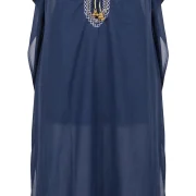 Μοναδικό Μεταξωτό Καφτάνι Παραλίας Silk–Cotton σε Μπλε με Λευκό Ζικ‑Ζακ