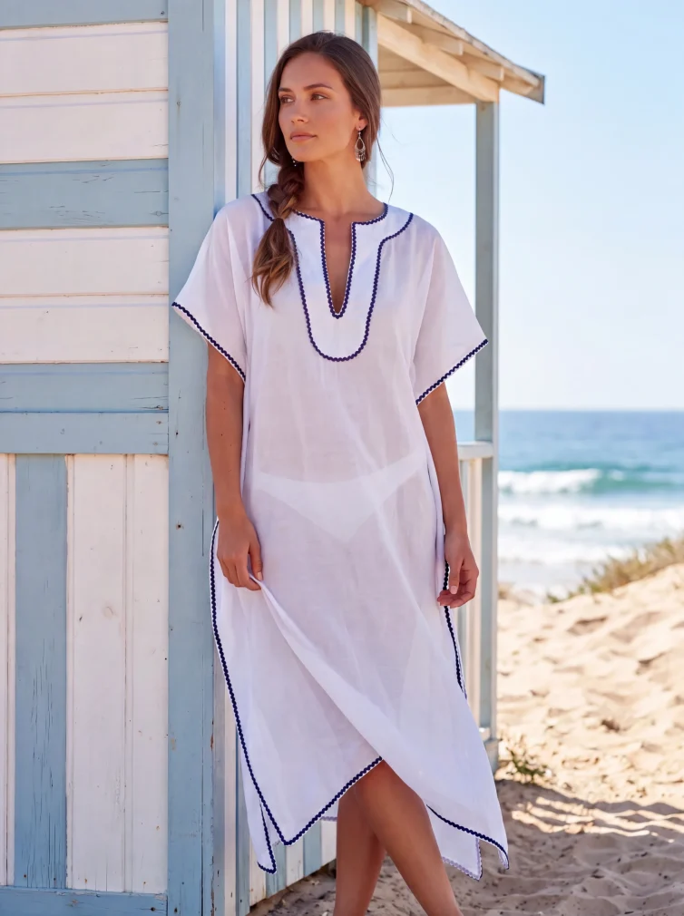 Λευκό Μεταξωτό Καφτάνι Παραλίας Silk–Cotton με Μπλε Σκούρα Τρέσα
