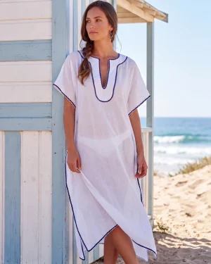 Λευκό Μεταξωτό Καφτάνι Παραλίας Silk–Cotton με Μπλε Σκούρα Τρέσα