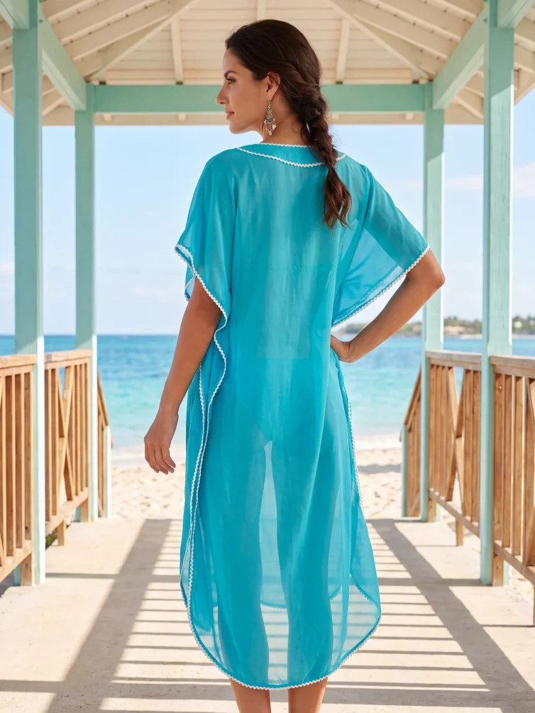 Μεταξωτό Καφτάνι Παραλίας Silk–Cotton με Λευκή Τρέσα & Αέρινη Υφή