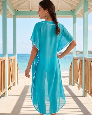 Μεταξωτό Καφτάνι Παραλίας Silk–Cotton με Λευκή Τρέσα & Αέρινη Υφή