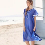 Εντυπωσιακό Μεταξωτό Καφτάνι Παραλίας Silk–Cotton σε Μπλε με Λευκή Τρέσα