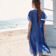 Εντυπωσιακό Μεταξωτό Καφτάνι Παραλίας Silk–Cotton σε Μπλε με Λευκή Τρέσα