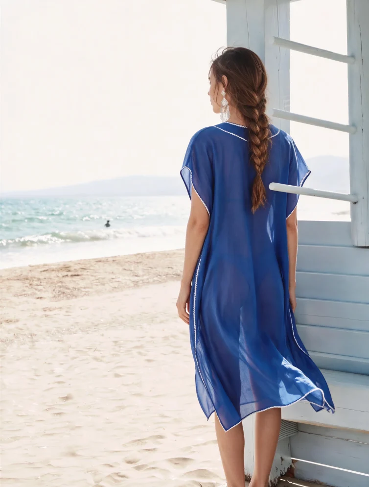 Εντυπωσιακό Μεταξωτό Καφτάνι Παραλίας Silk–Cotton σε Μπλε με Λευκή Τρέσα