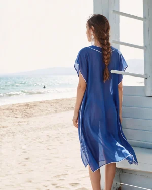 Εντυπωσιακό Μεταξωτό Καφτάνι Παραλίας Silk–Cotton σε Μπλε με Λευκή Τρέσα