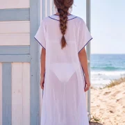 White silk–cotton beach kaftan 55% silk – 45% cotton with navy trim and sheer fabric. Airy, elegant and perfect for summer beach outfits.