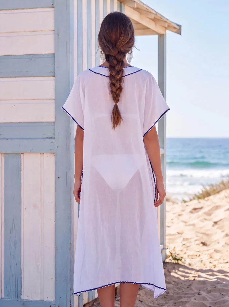 Λευκό Μεταξωτό Καφτάνι Παραλίας Silk–Cotton με Μπλε Σκούρα Τρέσα