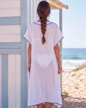 Λευκό Μεταξωτό Καφτάνι Παραλίας Silk–Cotton με Μπλε Σκούρα Τρέσα
