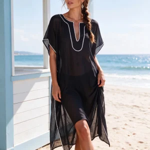 Μαύρο Μεταξωτό Καφτάνι Παραλίας Silk–Cotton με Λευκή Τρέσα & Ημιδιάφανο Ύφασμα