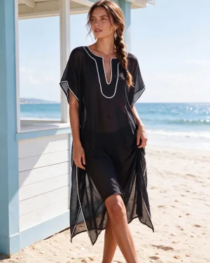 Μαύρο Μεταξωτό Καφτάνι Παραλίας Silk–Cotton με Λευκή Τρέσα & Ημιδιάφανο Ύφασμα