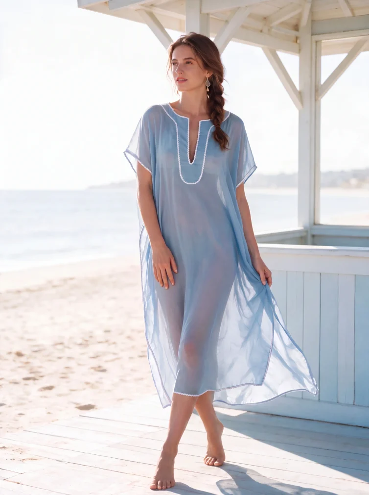 Μεταξωτό Καφτάνι Silk–Cotton με Λευκή Τρέσα & Αέρινη Υφή