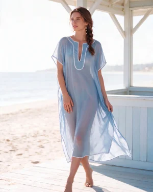 Μεταξωτό Καφτάνι Silk–Cotton με Λευκή Τρέσα & Αέρινη Υφή