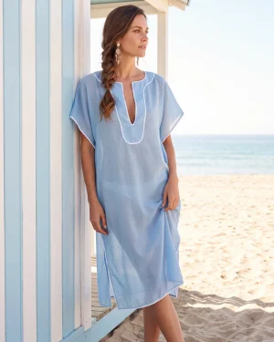 Μεταξωτό Καφτάνι Silk–Cotton με Λευκή Τρέσα & Αέρινη Υφή