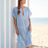 Μεταξωτό Καφτάνι Silk–Cotton με Λευκή Τρέσα & Αέρινη Υφή