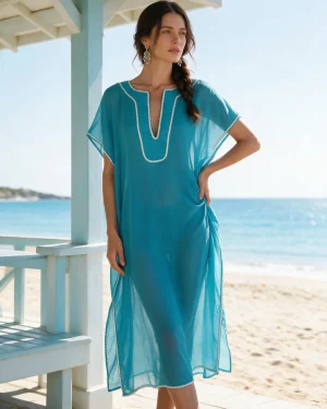Μεταξωτό Καφτάνι Παραλίας Silk–Cotton με Λευκή Τρέσα & Αέρινη Υφή