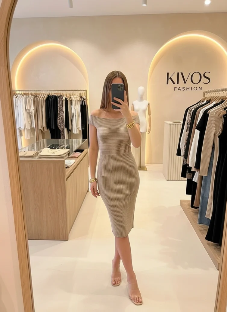Modern Elastic Off‑Shoulder Dress with Ribbed Texture & Elegant Fit