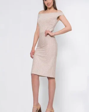 Ελαστικό Φόρεμα Off‑Shoulder με Ριγέ Υφή & Κομψή Εφαρμογή