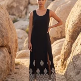 Μακρύ Μαύρο Φόρεμα Rayon με Κέντημα & Δύο Ανοίγματα Εμπρός