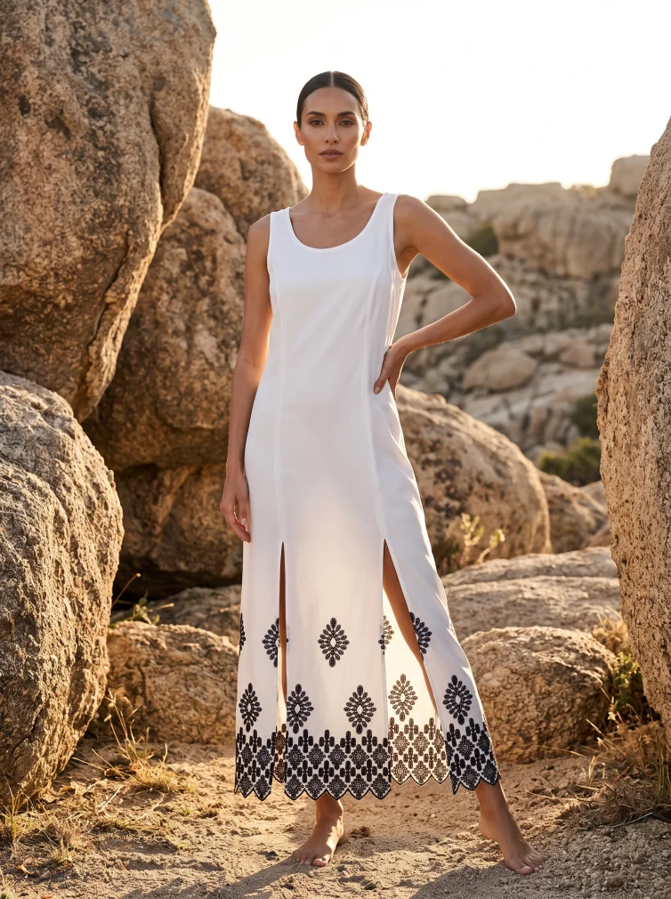 Μακρύ Αμάνικο Λευκό Φόρεμα Rayon με Μαύρο Κέντημα & Ανοίγματα