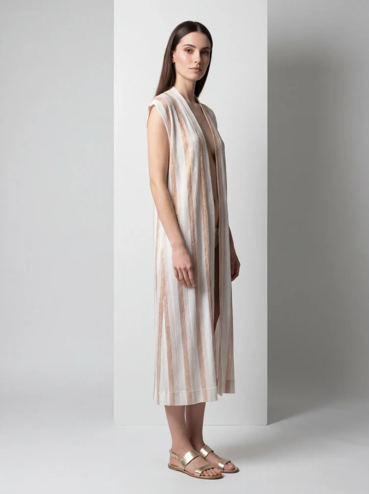 Unique Resort Cardigan with Metallic Stripes & Flowing Back Panel – Premium Chic