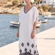Ασπρόμαυρο Καφτάνι Παραλίας 100% Rayon με Μαύρη Μπορντούρα & V Λαιμόκοψη