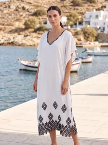 Ασπρόμαυρο Καφτάνι Παραλίας 100% Rayon με Μαύρη Μπορντούρα & V Λαιμόκοψη