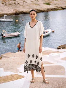 Black & White Beach Kaftan 100% Rayon with Embroidered Trim & V‑Neckline