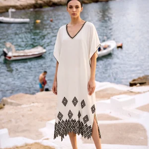 Black & White Beach Kaftan 100% Rayon with Embroidered Trim & V‑Neckline