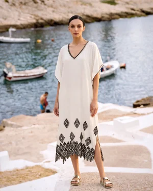 Ασπρόμαυρο Καφτάνι Παραλίας 100% Rayon με Μαύρη Μπορντούρα & V Λαιμόκοψη