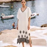 Black & White Beach Kaftan 100% Rayon with Embroidered Trim & V‑Neckline