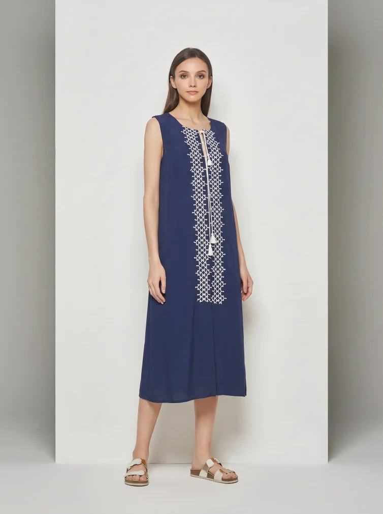 Sleeveless Viscose Dress in Blue Marine with Ecru Trim & Tassel Tie