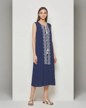 Sleeveless Viscose Dress in Blue Marine with Ecru Trim & Tassel Tie