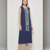 Αμάνικο Φόρεμα Viscose σε Μπλε Marine με Εκρού Τρέσα & Κορδόνι