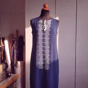 Sleeveless Viscose Dress in Blue Marine with Ecru Trim & Tassel Tie