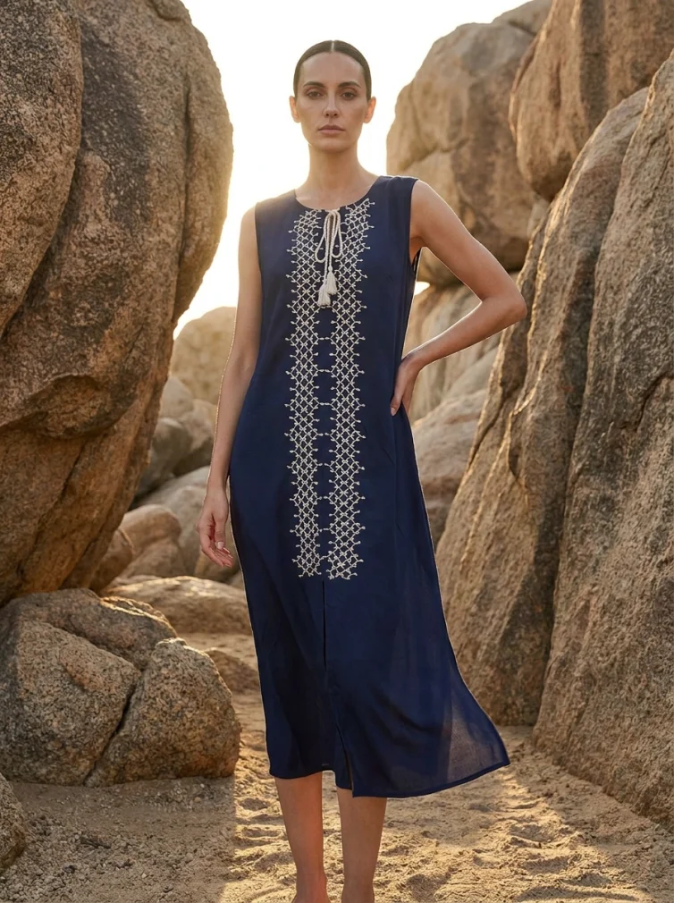 Sleeveless Viscose Dress in Blue Marine with Ecru Trim & Tassel Tie
