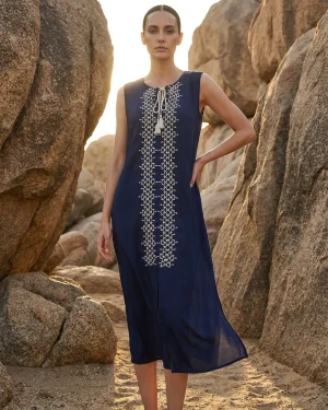 Sleeveless Viscose Dress in Blue Marine with Ecru Trim & Tassel Tie