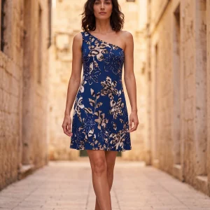 Μίνι Εμπριμέ Καλοκαιρινό Φόρεμα One‑Shoulder με Ελαστική Ριπ Ύφανση