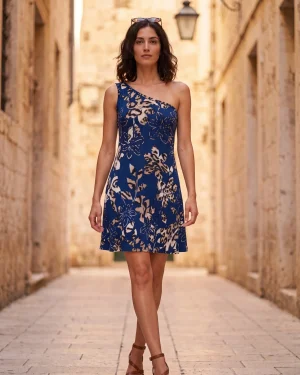 Μίνι Εμπριμέ Καλοκαιρινό Φόρεμα One‑Shoulder με Ελαστική Ριπ Ύφανση
