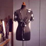 Tie‑Front Polka Dot Mousseline Blouse with Volant Sleeves