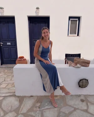 Φόρεμα Μακρύ Αέρινο Modal–Polyester με Τιράντα & Αυξομείωση – Colorblock Chic
