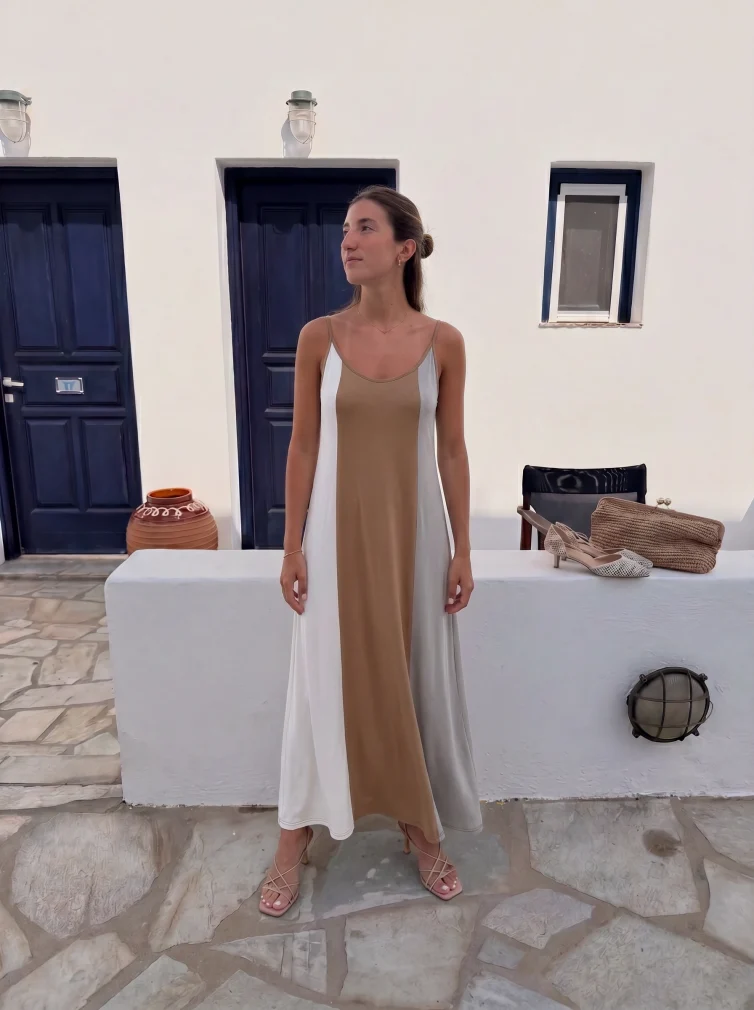 Φόρεμα Μακρύ Τιράντα Modal–Polyester με Αυξομείωση & Colorblock Σχέδιο