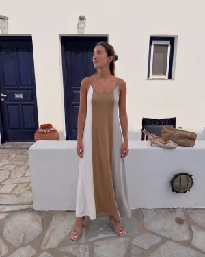 Φόρεμα Μακρύ Τιράντα Modal–Polyester με Αυξομείωση & Colorblock Σχέδιο
