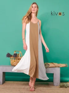 Φόρεμα Μακρύ Τιράντα Modal–Polyester με Αυξομείωση & Colorblock Σχέδιο
