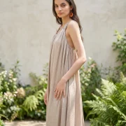 Beige Satin Backless Dress with Sequin Strap & Side Cutouts